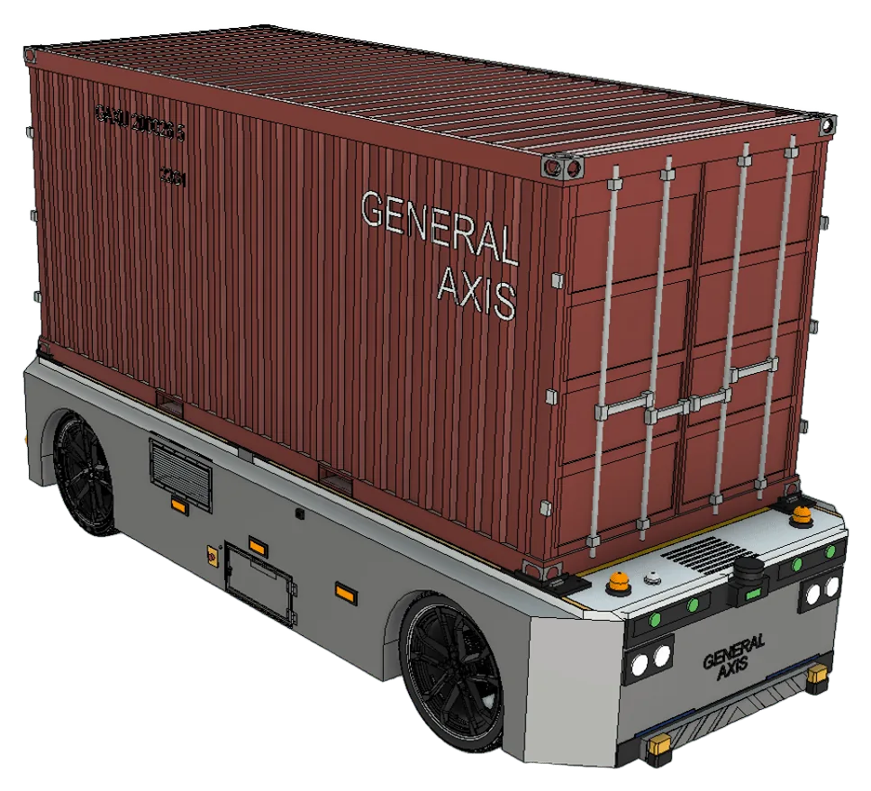CAD render of the General Axis autonomous terminal vehicle carrying a container, elevated three-quarter front view