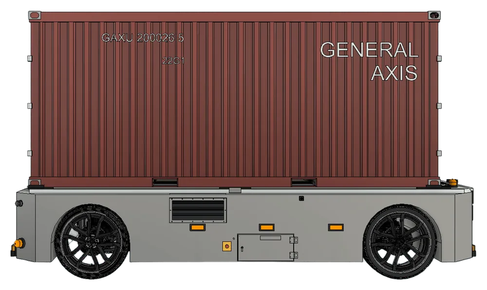 CAD render of the General Axis autonomous terminal vehicle carrying a container, side elevation showing the emergency stop button and service hatch
